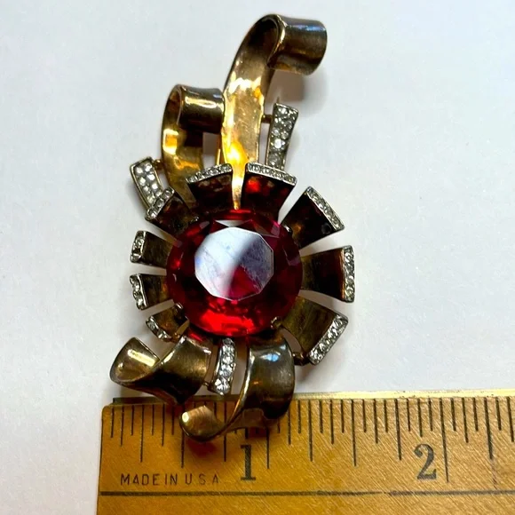 Crown Trifari Alfred Philippe Fur Clip 1940's Gold Vermeil Sterling Silver - Picture 7 of 7